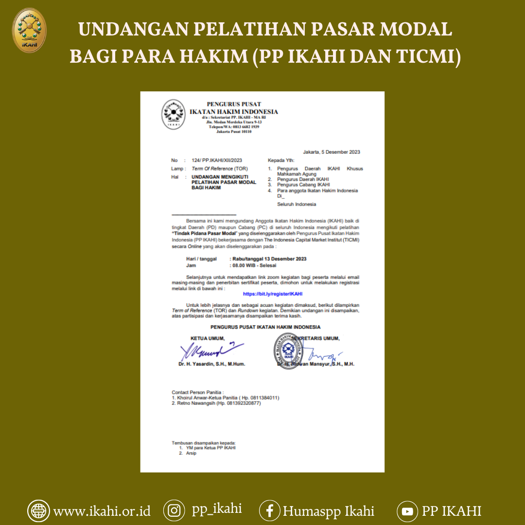 UNDANGAN PELATIHAN PASAR MODAL BAGI PARA HAKIM (PP IKAHI DAN TICMI)